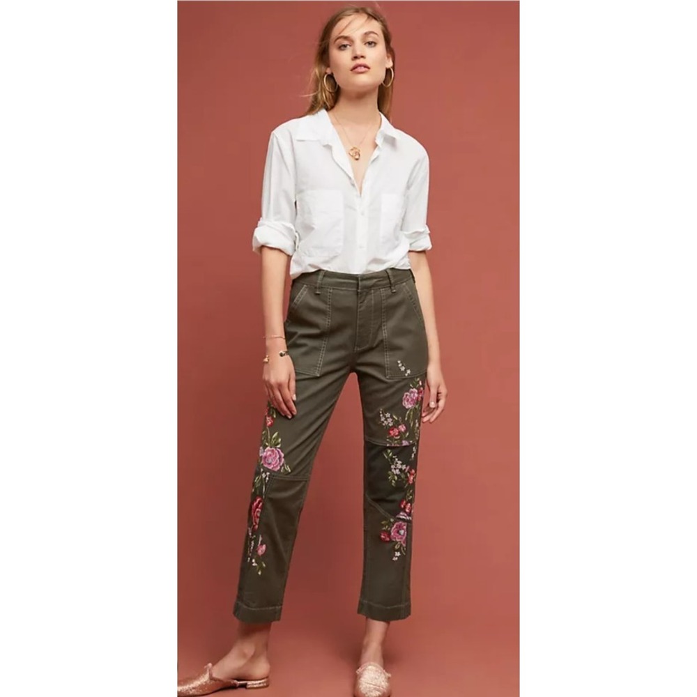 Anthropologie Green Floral Embroidered Utility Pants 25 Boho Artsy Hippie Y2K‎